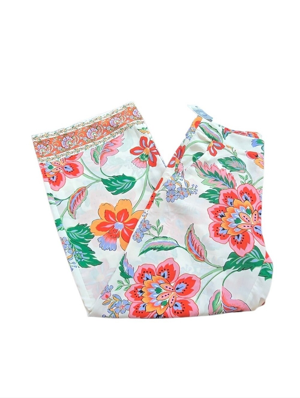 B WEAR Floral Wide-Leg Pants in White with Multicolor Bouquet Print